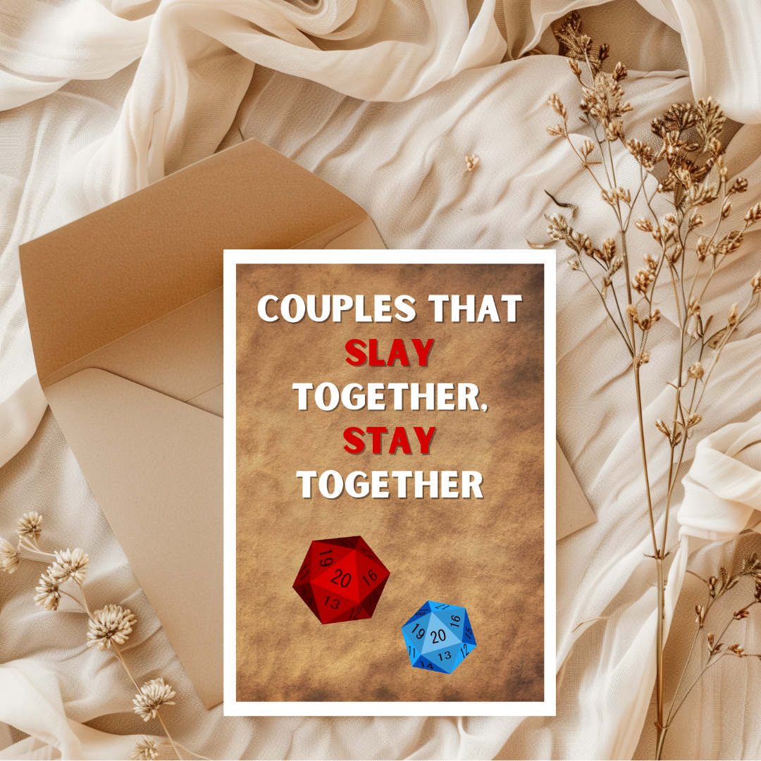 Funny D&D Anniversary Card - Natural 20 Love Card - Couples That Slay Together - Fantasy Nerd Love Card | Dungeons and Dragons | Nerdy Gift