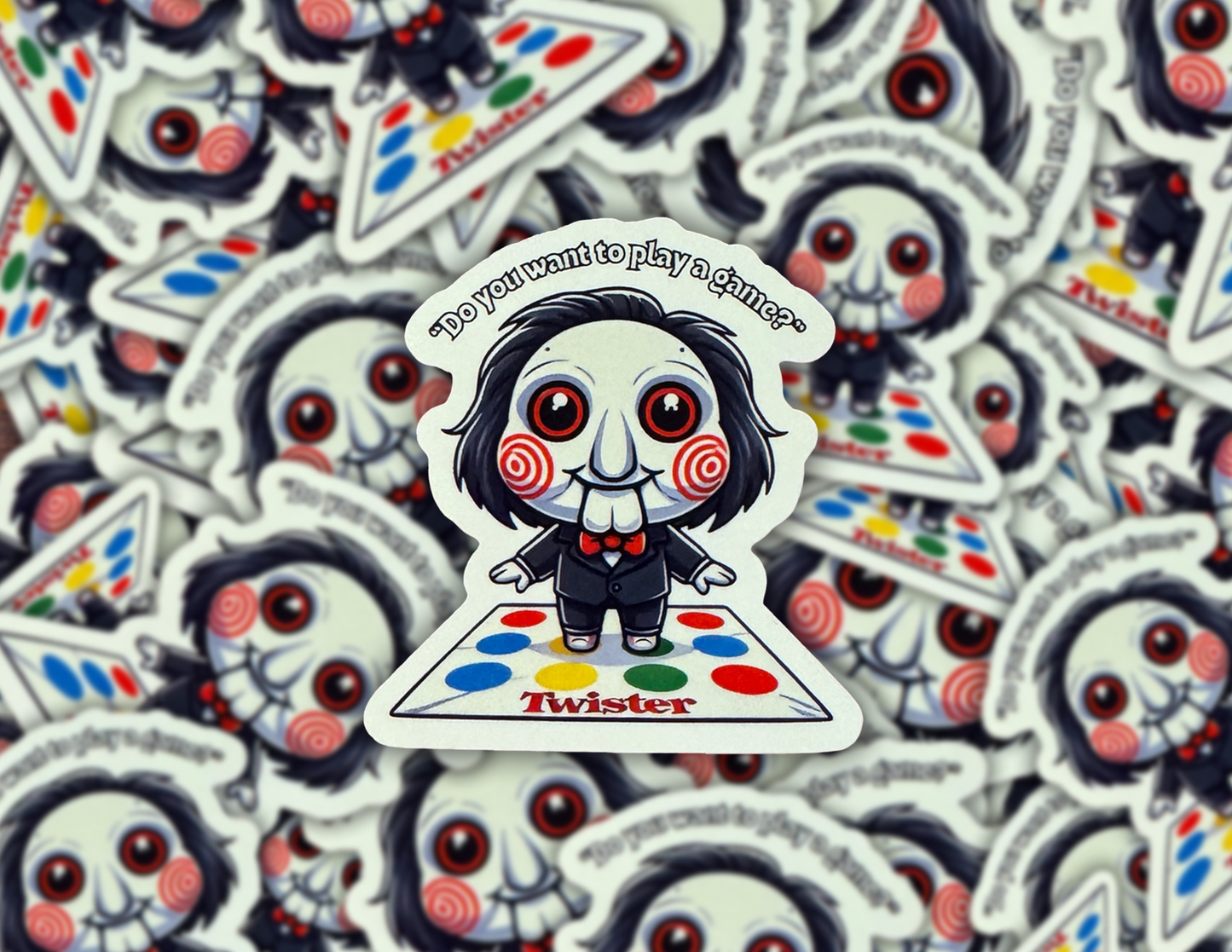 Cute Jigsaw Playing Twister Vinyl Sticker – Unique Horror Movie Film Decal for Fans of the Saw Franchise And Board Games Scary Film Funny