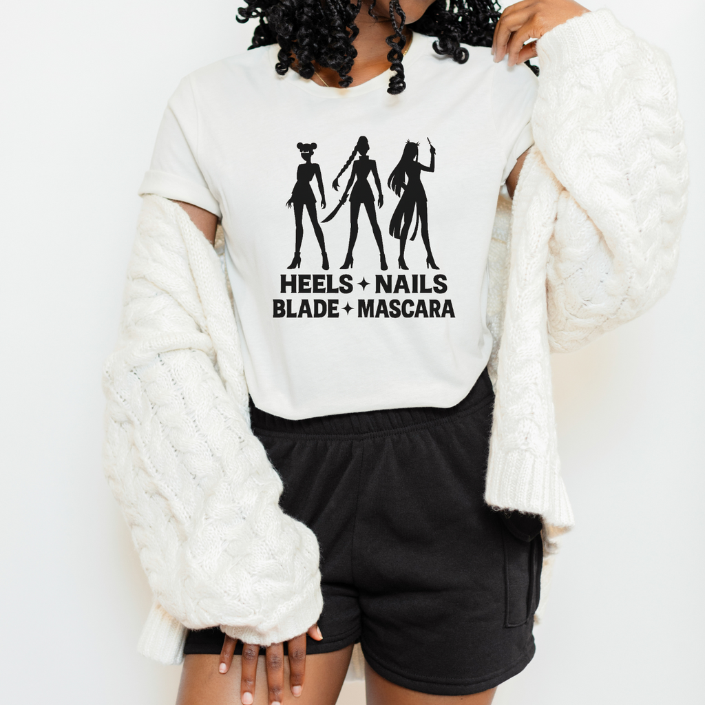 Heels + Nails + Blades + Mascara T-Shirt KPop Demon Hunters Inspired in Heather Natural