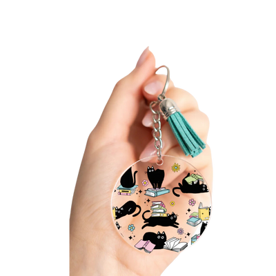 Cats & Books Round 2" Keychain with Tassel