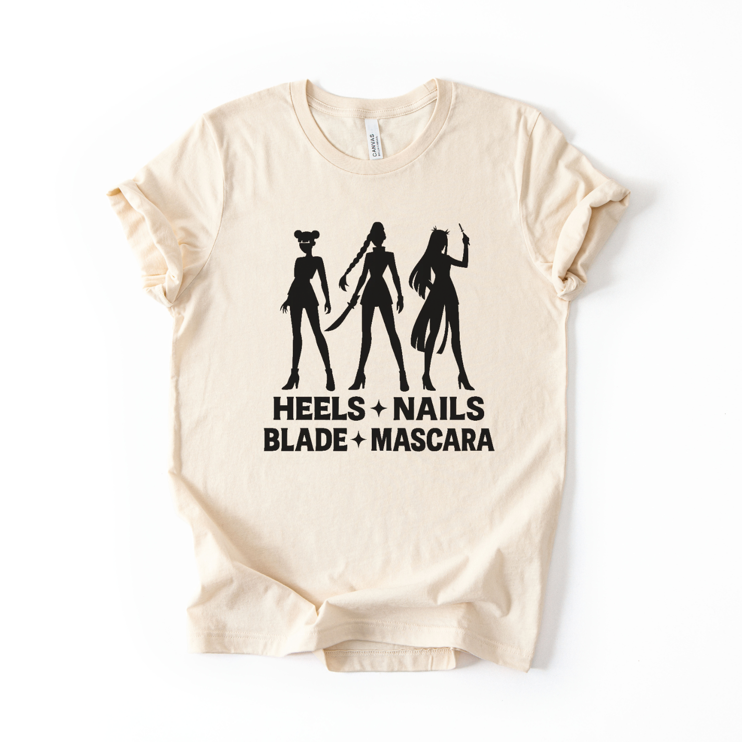 Heels + Nails + Blades + Mascara T-Shirt KPop Demon Hunters Inspired in Heather Natural