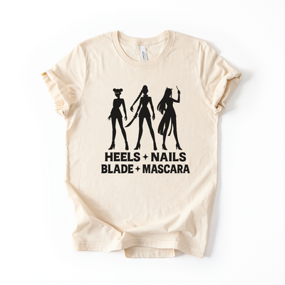 Heels + Nails + Blades + Mascara T-Shirt KPop Demon Hunters Inspired in Heather Natural
