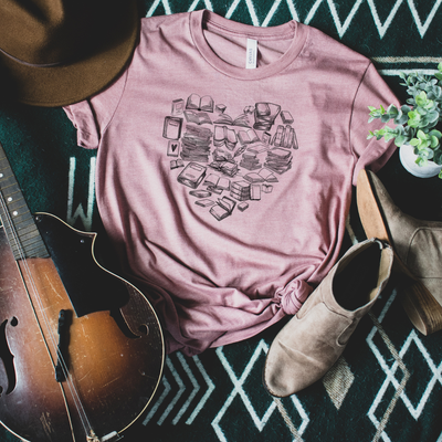 Book Heart T-Shirt in Heather Mauve