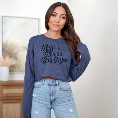 Half Human, Half Coffee Long Sleeve T-Shirt in Heather Navy