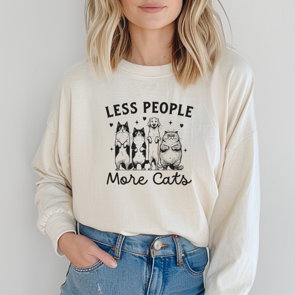 Less People, More Cats Long Sleeve T-Shirt in Heather Natural