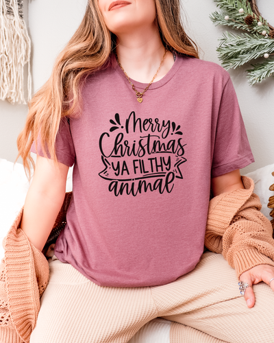 Merry Christmas Ya Filthy Animal T-Shirt in Heather Mauve
