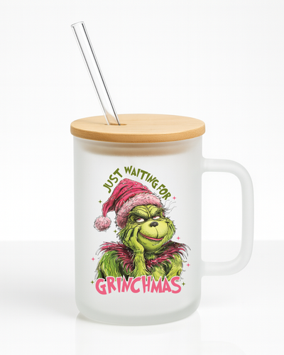 Just Waiting For Grinchmas 16 oz Frosted Glass Mug