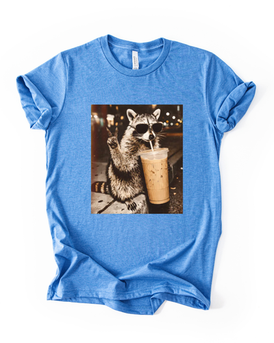 Iced Coffee Raccoon T-Shirt in Heather Columbia Blue