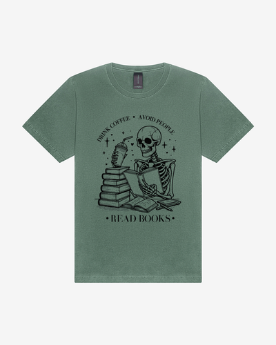 Drink Coffee, Avoid People, Read Books Skeleton 4810GD Heavyweight Unisex T-Shirt in Washed Pine