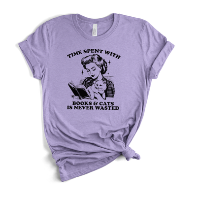 Time Spent With Books And Cats Is Never Wasted T-Shirt in Heather Dark Lavender