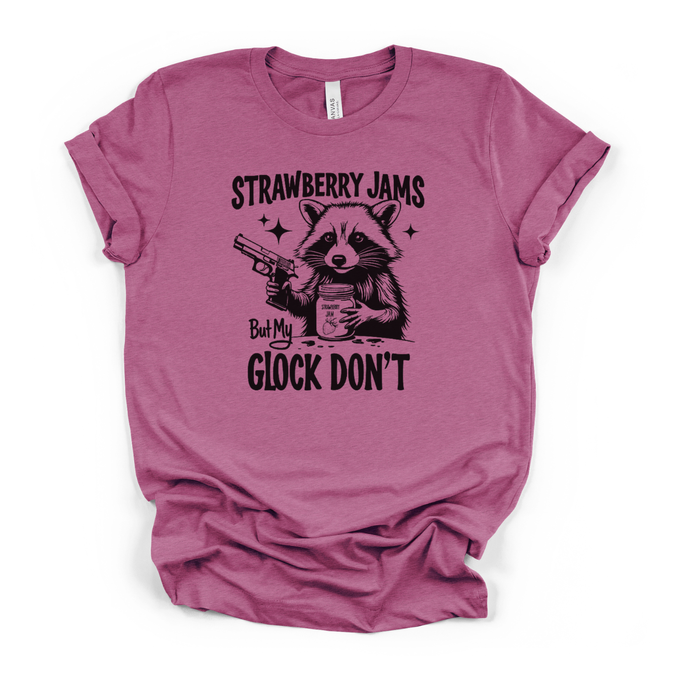Strawberry Jams But Glock Don't Raccoon T-Shirt in Heather Magenta