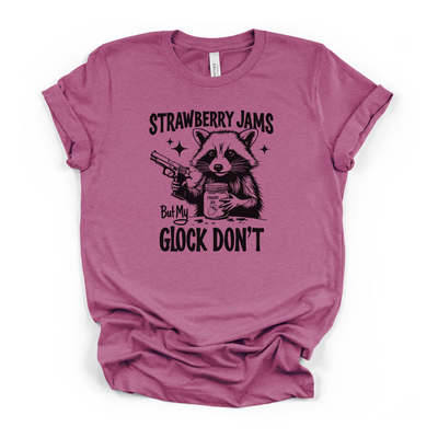 Strawberry Jams But Glock Don't Raccoon T-Shirt in Heather Magenta