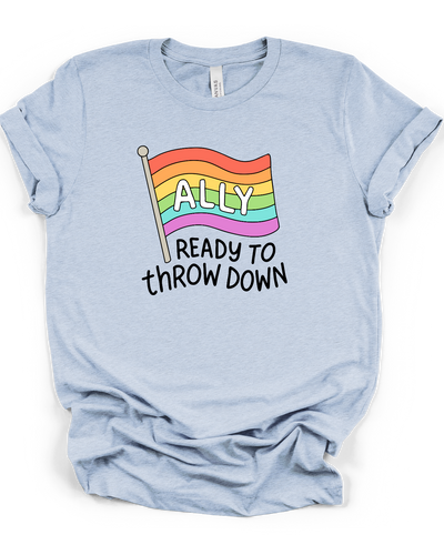 Ally Ready To Throwdown Pride T-Shirt in Heather Prism Blue