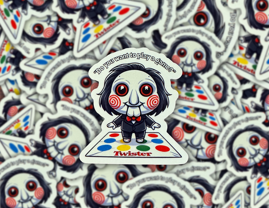 Cute Jigsaw Playing Twister Vinyl Sticker – Unique Horror Movie Film Decal for Fans of the Saw Franchise And Board Games Scary Film Funny