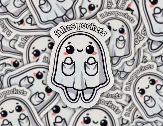 It Has Pockets Ghost Vinyl Sticker – Cute Halloween Fun Aesthetic for the Spooky and Witchy Girlies Decal for Kindle, iPhone, and Laptop